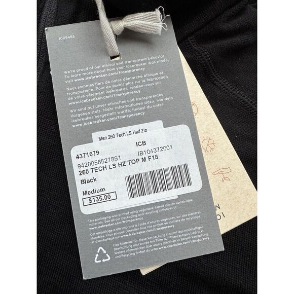 Icebreaker 260 Tech Long Sleeve Half Zip Merino Wool Base Layer Black Men Size M - Picture 5 of 9
